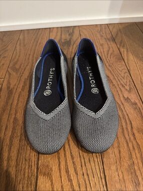 Rothy's Black and White Knit Flats with Blue Trim